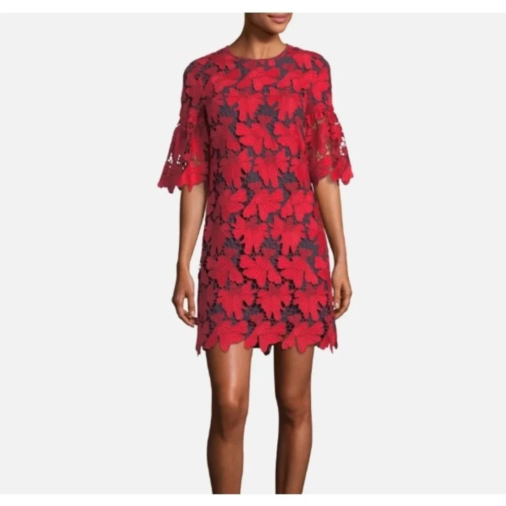 Tory Burch Floral Guipure Lace Shift‎ Dress Red Bell Sleeve Womens 4 Excellent